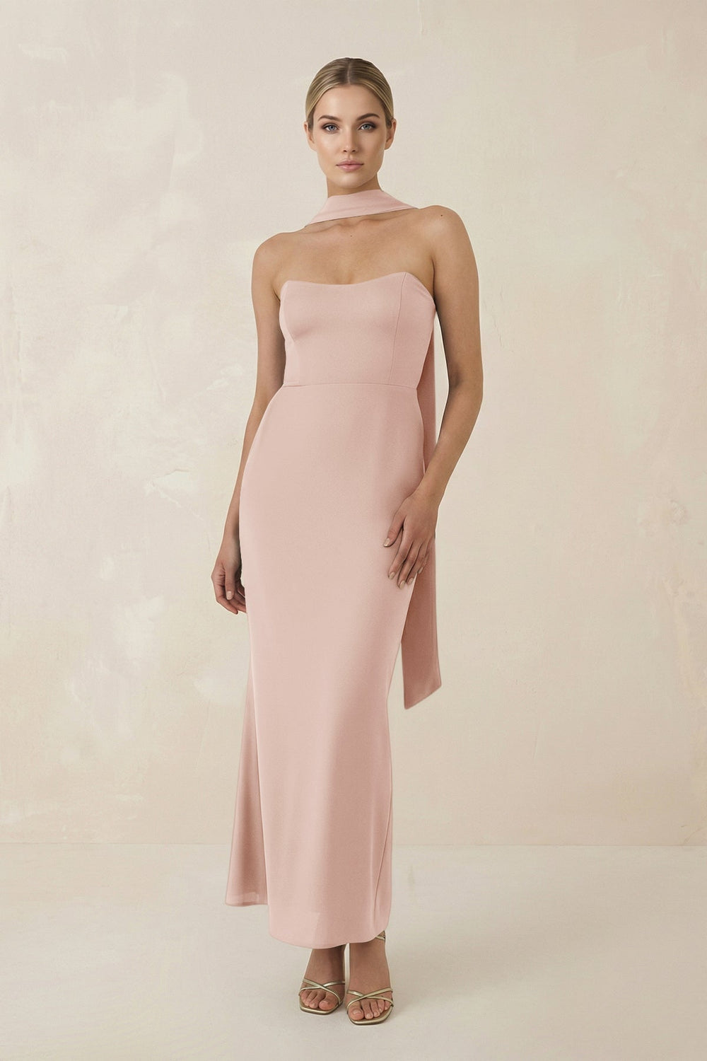 Strapless Sheath Midi Bridesmaid Dress With Ribbon in Pale Blush - KissProm Bridesmaid Dresses