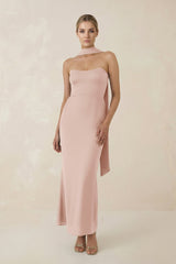 Strapless Sheath Midi Bridesmaid Dress With Ribbon in Pale Blush - KissProm Bridesmaid Dresses