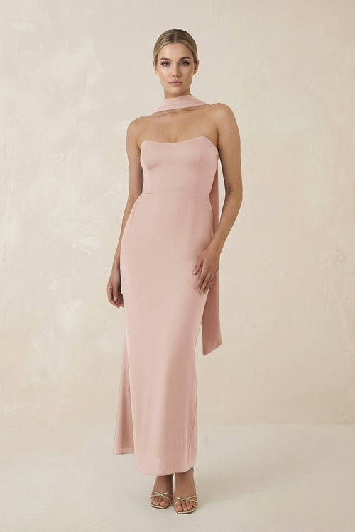 Strapless Sheath Midi Bridesmaid Dress With Ribbon in Pale Blush - KissProm Bridesmaid Dresses
