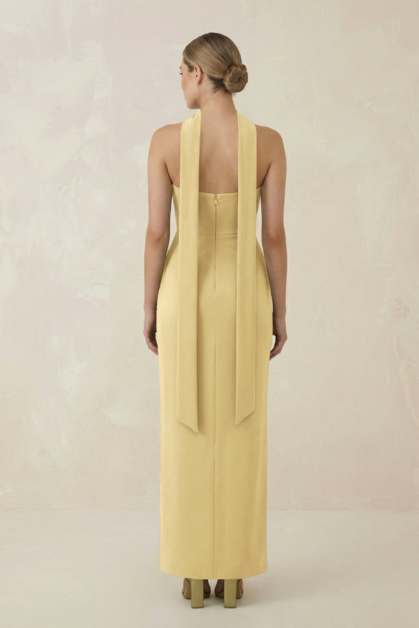 Strapless Sheath Midi Bridesmaid Dress With Ribbon in Pastel Yellow - KissProm Bridesmaid Dresses