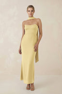 Strapless Sheath Midi Bridesmaid Dress With Ribbon in Pastel Yellow - KissProm Bridesmaid Dresses