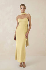 Strapless Sheath Midi Bridesmaid Dress With Ribbon in Pastel Yellow - KissProm Bridesmaid Dresses