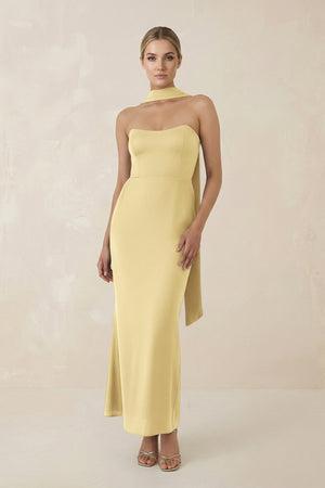 Strapless Sheath Midi Bridesmaid Dress With Ribbon in Pastel Yellow - KissProm Bridesmaid Dresses