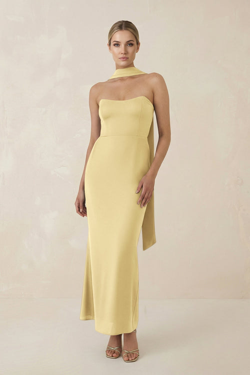 Strapless Sheath Midi Bridesmaid Dress With Ribbon in Pastel Yellow - KissProm Bridesmaid Dresses