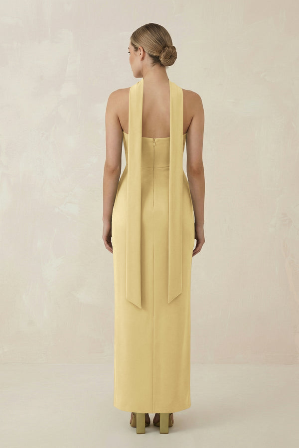 Strapless Sheath Midi Bridesmaid Dress With Ribbon in Pastel Yellow - KissProm Bridesmaid Dresses