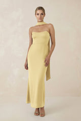 Strapless Sheath Midi Bridesmaid Dress With Ribbon in Pastel Yellow - KissProm Bridesmaid Dresses