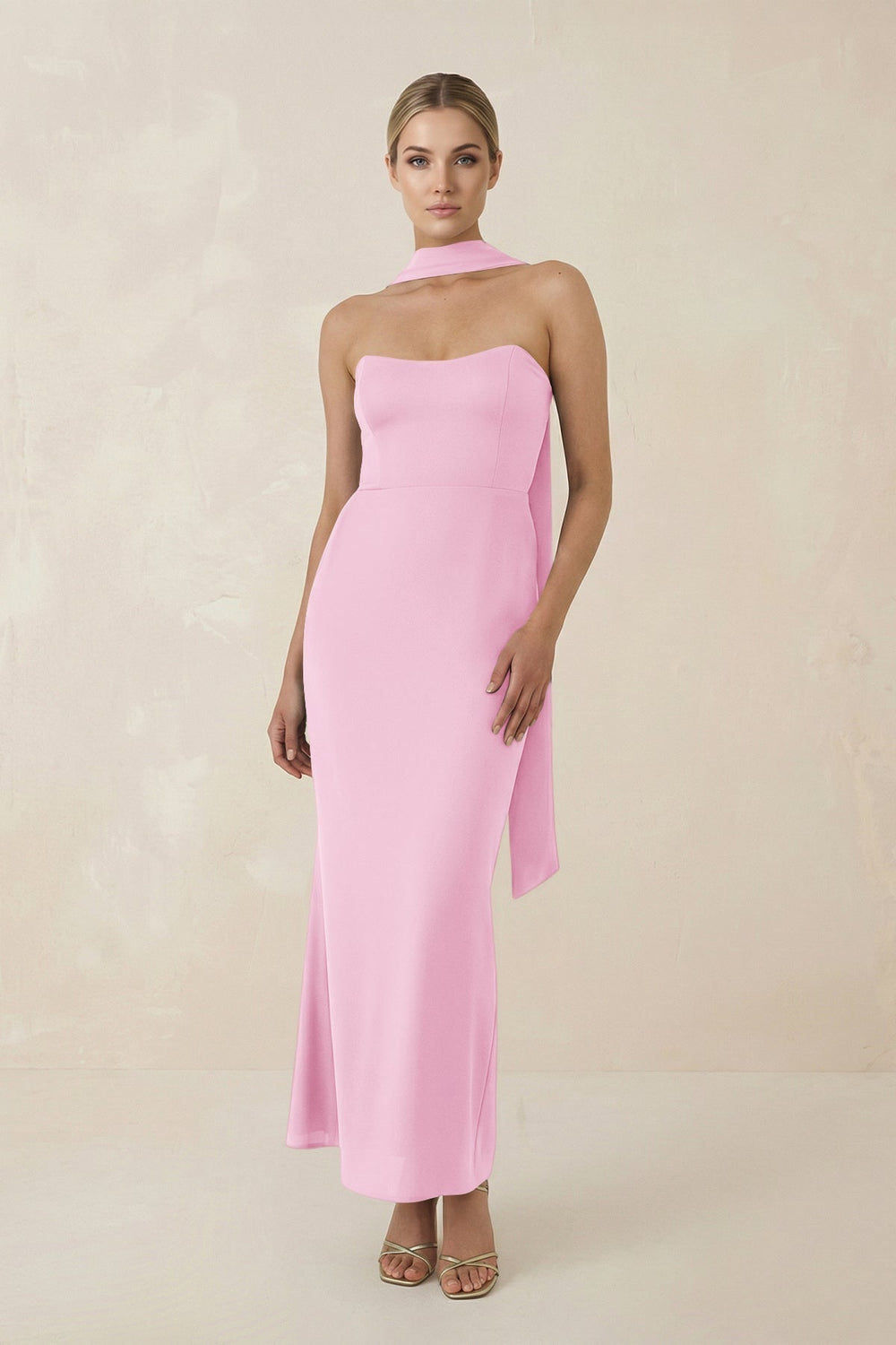 Strapless Sheath Midi Bridesmaid Dress With Ribbon in Pink - KissProm Bridesmaid Dresses