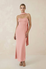 Strapless Sheath Midi Bridesmaid Dress With Ribbon in Rose Petal - KissProm Bridesmaid Dresses
