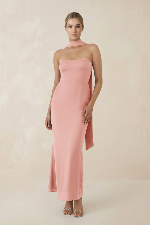 Strapless Sheath Midi Bridesmaid Dress With Ribbon in Rose Petal - KissProm Bridesmaid Dresses