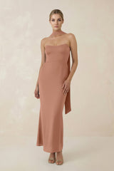 Strapless Sheath Midi Bridesmaid Dress With Ribbon in Rosette - KissProm Bridesmaid Dresses