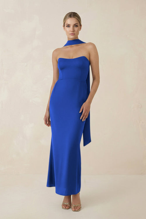 Strapless Sheath Midi Bridesmaid Dress With Ribbon in Royal Blue - KissProm Bridesmaid Dresses