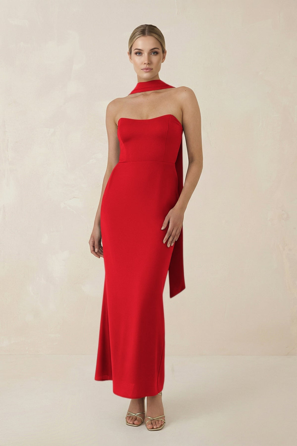 Strapless Sheath Midi Bridesmaid Dress With Ribbon in Ruby Red - KissProm Bridesmaid Dresses