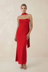 Strapless Sheath Midi Bridesmaid Dress With Ribbon in Ruby Red - KissProm Bridesmaid Dresses