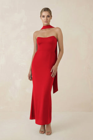 Strapless Sheath Midi Bridesmaid Dress With Ribbon in Ruby Red - KissProm Bridesmaid Dresses
