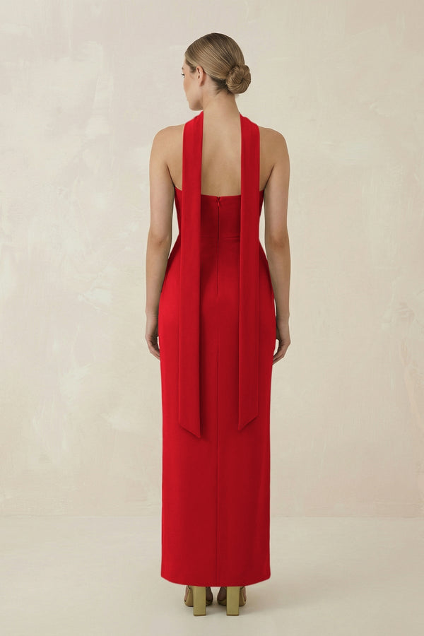 Strapless Sheath Midi Bridesmaid Dress With Ribbon in Ruby Red - KissProm Bridesmaid Dresses