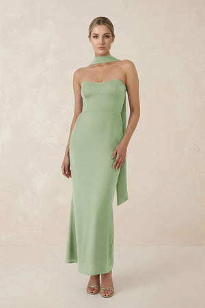 Strapless Sheath Midi Bridesmaid Dress With Ribbon in Sage - KissProm Bridesmaid Dresses