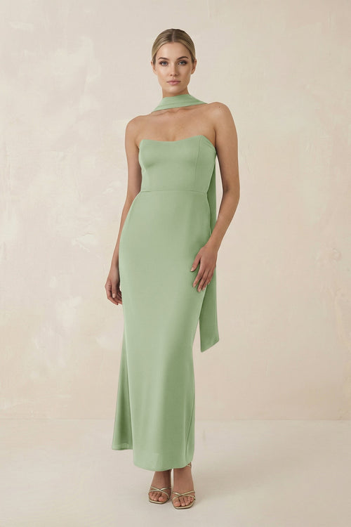 Strapless Sheath Midi Bridesmaid Dress With Ribbon in Sage - KissProm Bridesmaid Dresses
