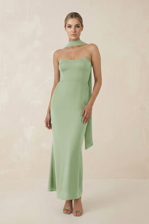 Strapless Sheath Midi Bridesmaid Dress With Ribbon in Sage - KissProm Bridesmaid Dresses