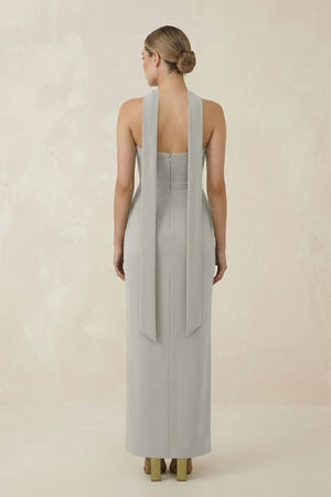 Strapless Sheath Midi Bridesmaid Dress With Ribbon in Silver - KissProm Bridesmaid Dresses