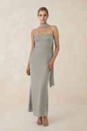 Strapless Sheath Midi Bridesmaid Dress With Ribbon in Silver - KissProm Bridesmaid Dresses