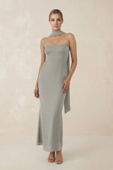 Strapless Sheath Midi Bridesmaid Dress With Ribbon in Silver - KissProm Bridesmaid Dresses