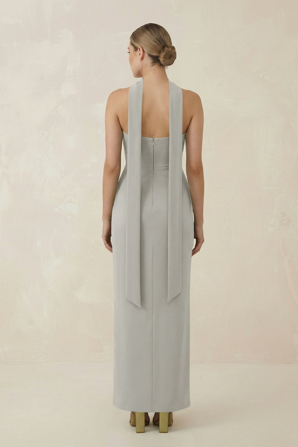 Strapless Sheath Midi Bridesmaid Dress With Ribbon in Silver - KissProm Bridesmaid Dresses
