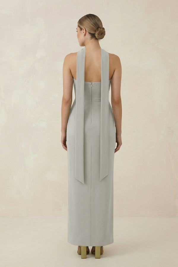 Strapless Sheath Midi Bridesmaid Dress With Ribbon in Silver - KissProm Bridesmaid Dresses