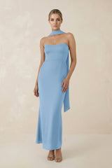 Strapless Sheath Midi Bridesmaid Dress With Ribbon in Sky Blue - KissProm Bridesmaid Dresses
