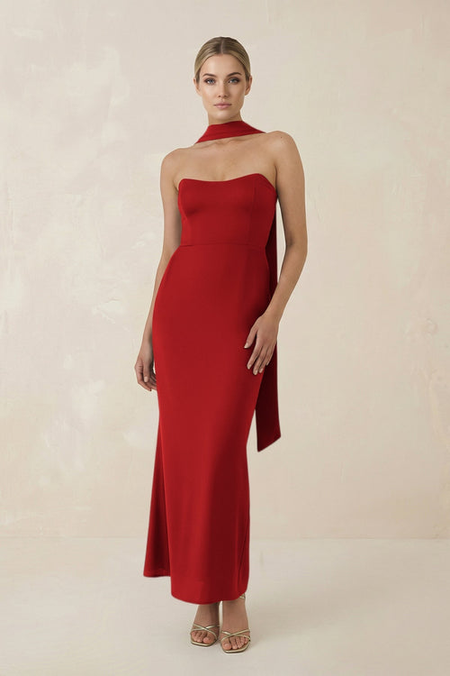 Strapless Sheath Midi Bridesmaid Dress With Ribbon in Spice - KissProm Bridesmaid Dresses