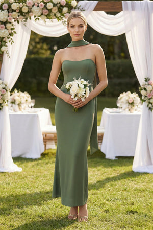 Strapless Sheath Midi Bridesmaid Dress With Ribbon in Thyme - KissProm Bridesmaid Dresses