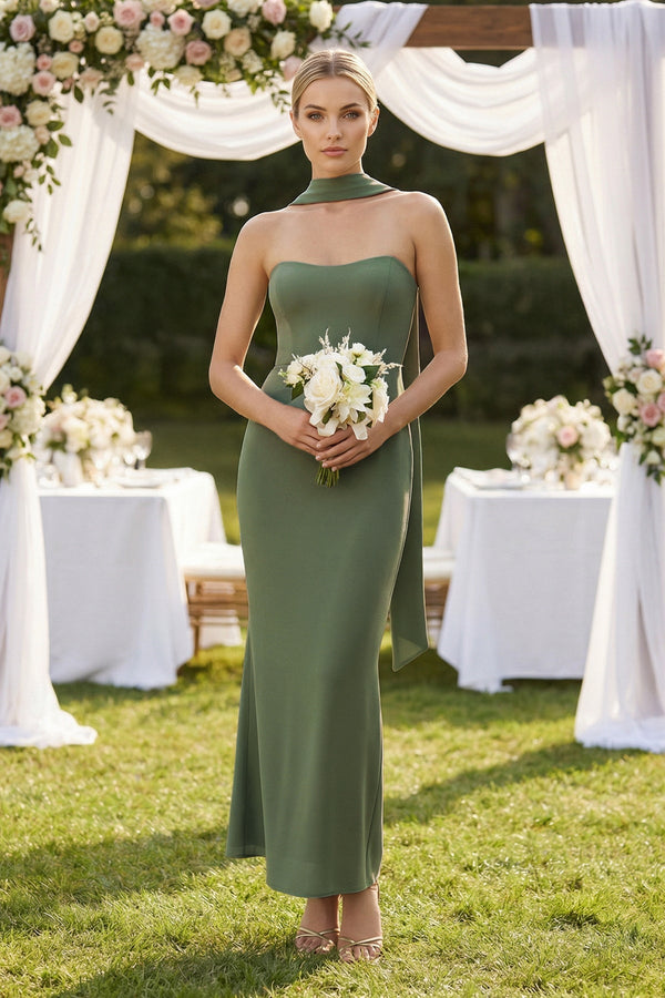 Strapless Sheath Midi Bridesmaid Dress With Ribbon in Thyme - KissProm Bridesmaid Dresses