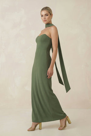 Strapless Sheath Midi Bridesmaid Dress With Ribbon in Thyme - KissProm Bridesmaid Dresses