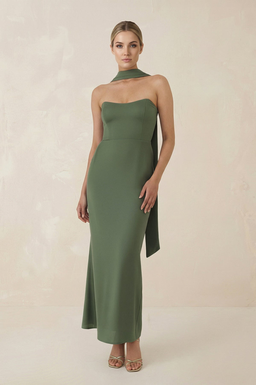 Strapless Sheath Midi Bridesmaid Dress With Ribbon in Thyme - KissProm Bridesmaid Dresses