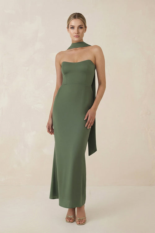 Strapless Sheath Midi Bridesmaid Dress With Ribbon in Thyme - KissProm Bridesmaid Dresses