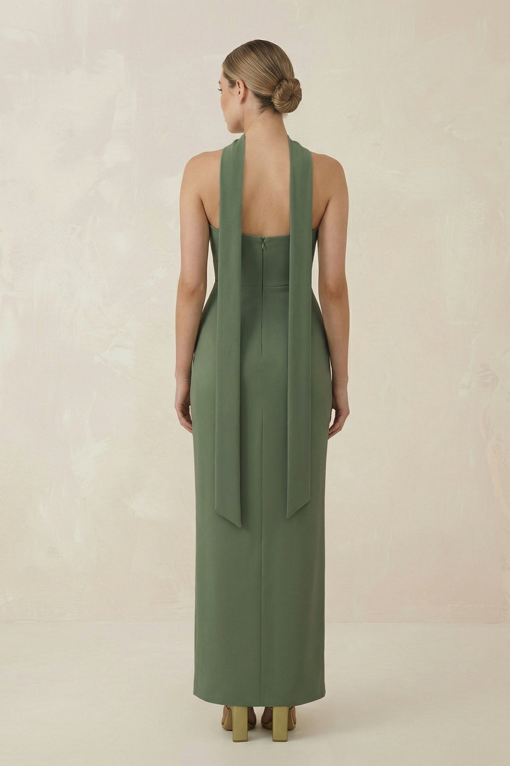 Strapless Sheath Midi Bridesmaid Dress With Ribbon in Thyme - KissProm Bridesmaid Dresses