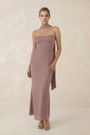 Strapless Sheath Midi Bridesmaid Dress With Ribbon in Toffee - KissProm Bridesmaid Dresses