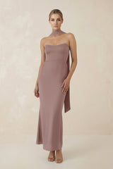 Strapless Sheath Midi Bridesmaid Dress With Ribbon in Toffee - KissProm Bridesmaid Dresses