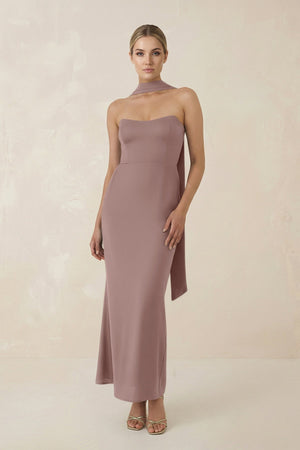 Strapless Sheath Midi Bridesmaid Dress With Ribbon in Toffee - KissProm Bridesmaid Dresses