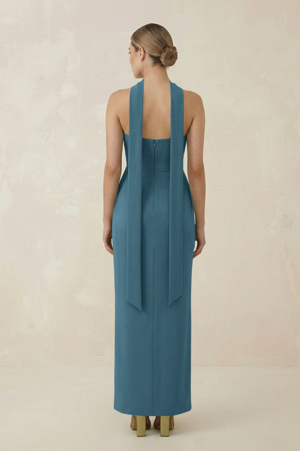 Strapless Sheath Midi Bridesmaid Dress With Ribbon in Twilight - KissProm Bridesmaid Dresses