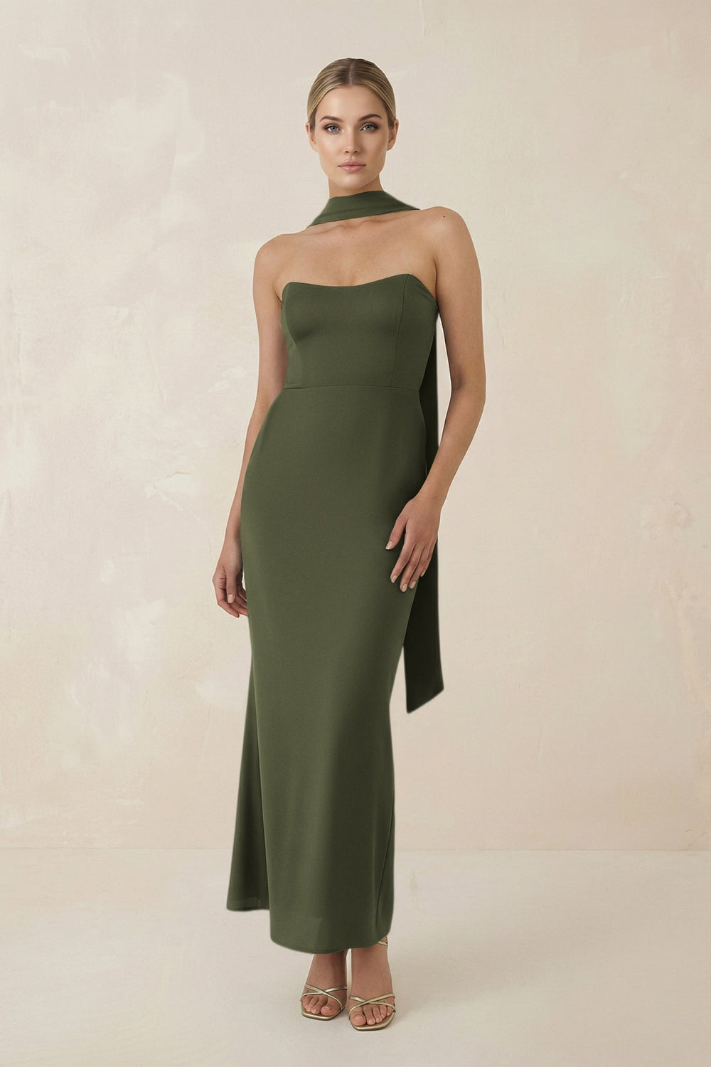 Strapless Sheath Midi Bridesmaid Dress With Ribbon in Willow Green - KissProm Bridesmaid Dresses