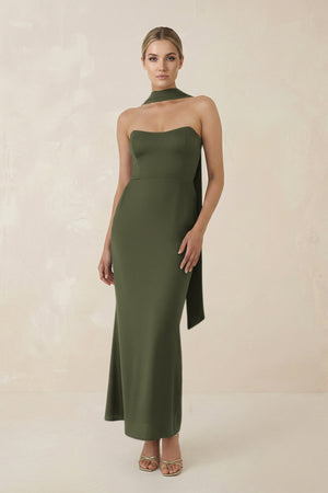 Strapless Sheath Midi Bridesmaid Dress With Ribbon in Willow Green - KissProm Bridesmaid Dresses
