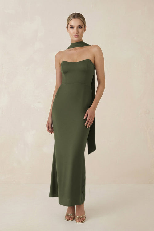 Strapless Sheath Midi Bridesmaid Dress With Ribbon in Willow Green - KissProm Bridesmaid Dresses