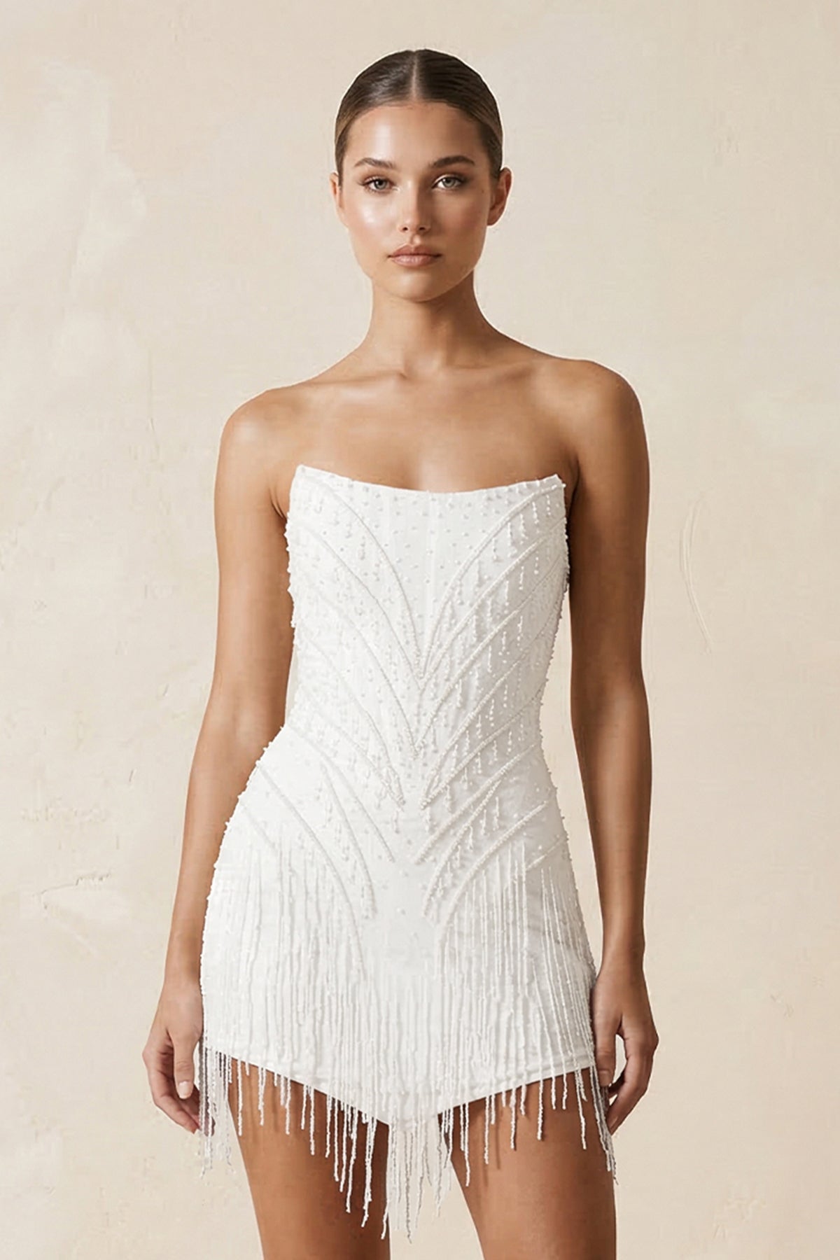 KissProm Strapless Sheath Mini Wedding Dress with Tassel in White, White / 4