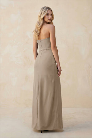 Strapless Sheath Satin Bridesmaid Dress With Slit in Almond - KissProm Bridesmaid Dresses
