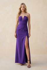 Strapless Sheath Satin Bridesmaid Dress With Slit in Amethyst - KissProm Bridesmaid Dresses