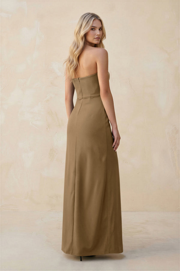 Strapless Sheath Satin Bridesmaid Dress With Slit in Apple Cinnamon - KissProm Bridesmaid Dresses