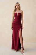 Strapless Sheath Satin Bridesmaid Dress With Slit in Berry - KissProm Bridesmaid Dresses