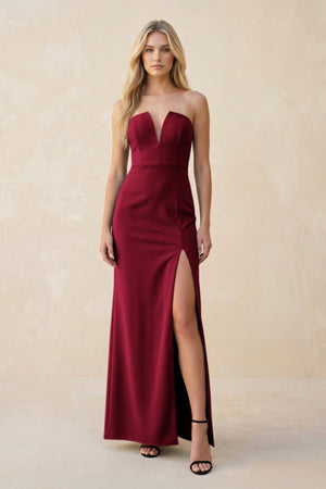 Strapless Sheath Satin Bridesmaid Dress With Slit in Berry - KissProm Bridesmaid Dresses