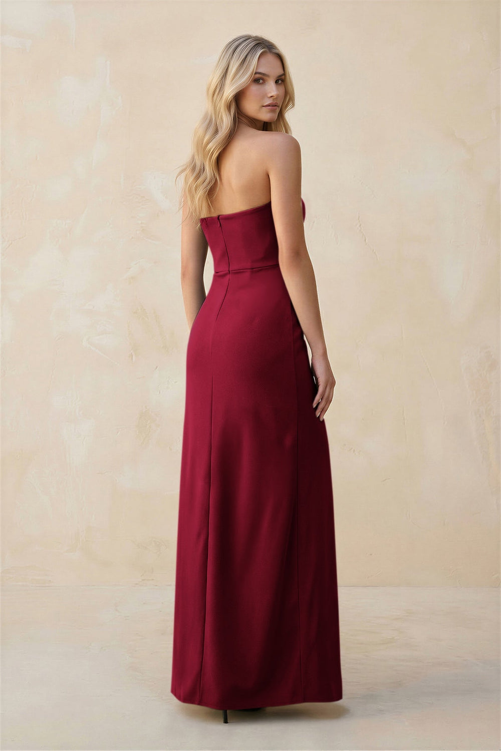 Strapless Sheath Satin Bridesmaid Dress With Slit in Berry - KissProm Bridesmaid Dresses