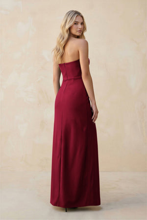 Strapless Sheath Satin Bridesmaid Dress With Slit in Berry - KissProm Bridesmaid Dresses